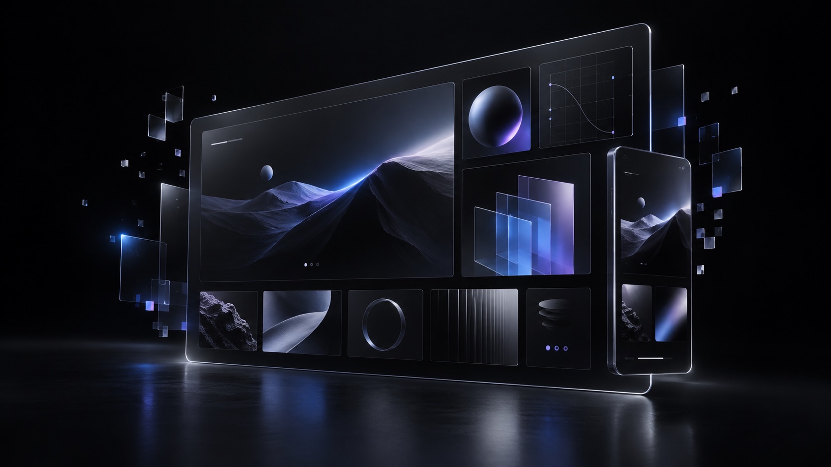 Dark digital interface concept shown in perspective